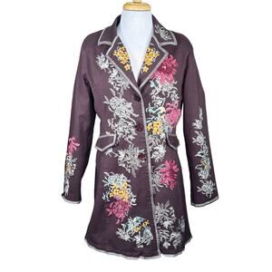 Paparazzi Women’s Art to Wear Floral Embroidered Brown Cotton Jacket Coat XL